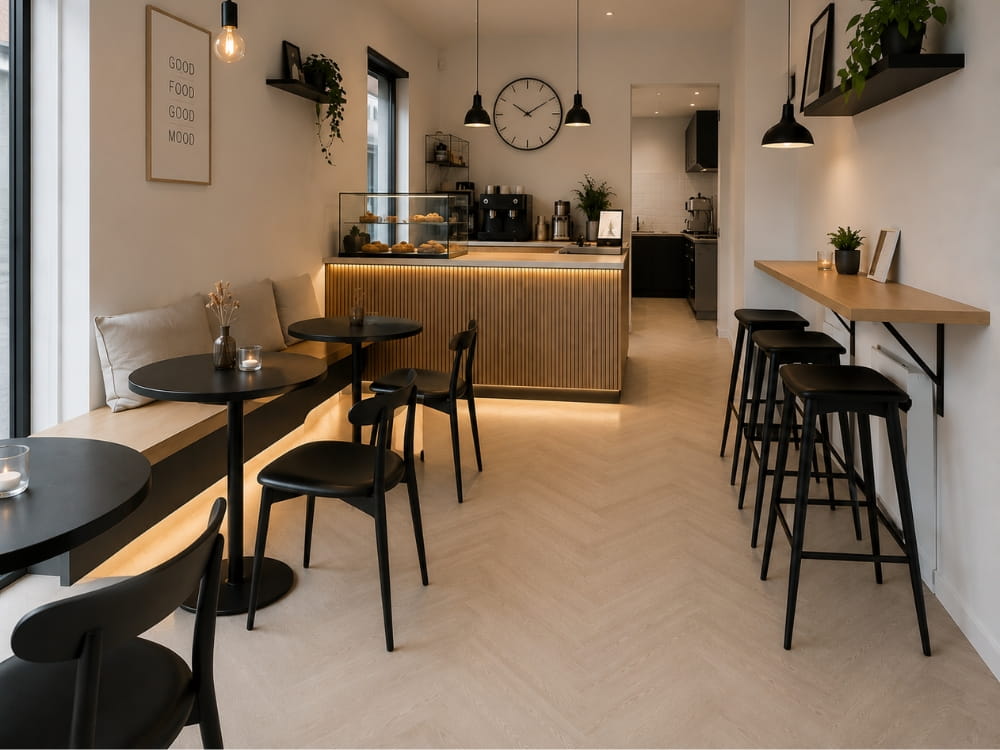 Licht eiken visgraat PVC vloer in horeca zaak geplaatst